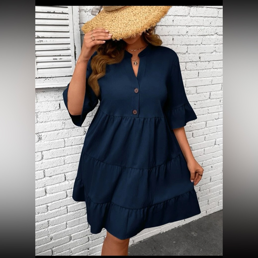 SHEIN Curve Plus 3XL Flounce Sleeve Ruffle tiered button navy midi dress nwot